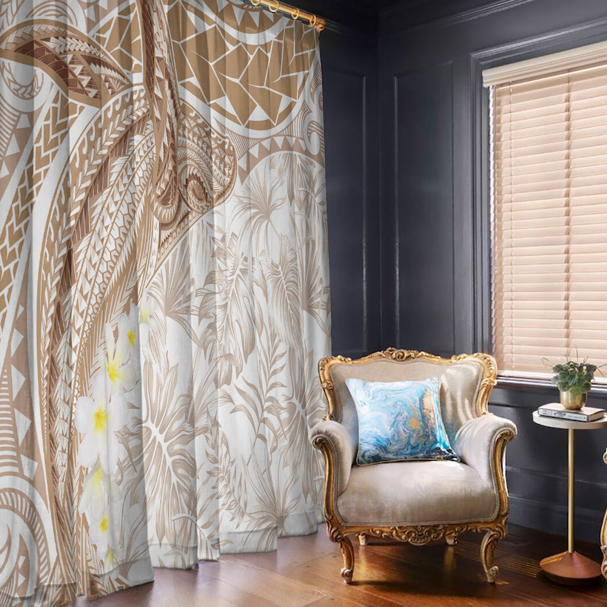 Polynesia Humpback Whale Window Curtain Tropical Plumeria Beige LT7 - Polynesian Pride