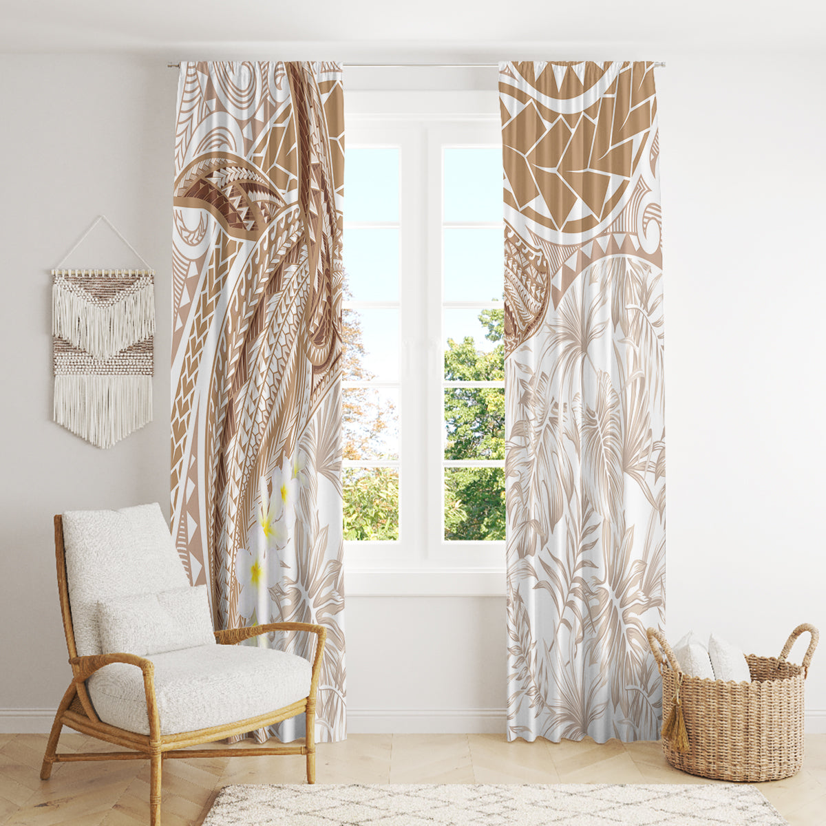 Polynesia Humpback Whale Window Curtain Tropical Plumeria Beige LT7 - Polynesian Pride