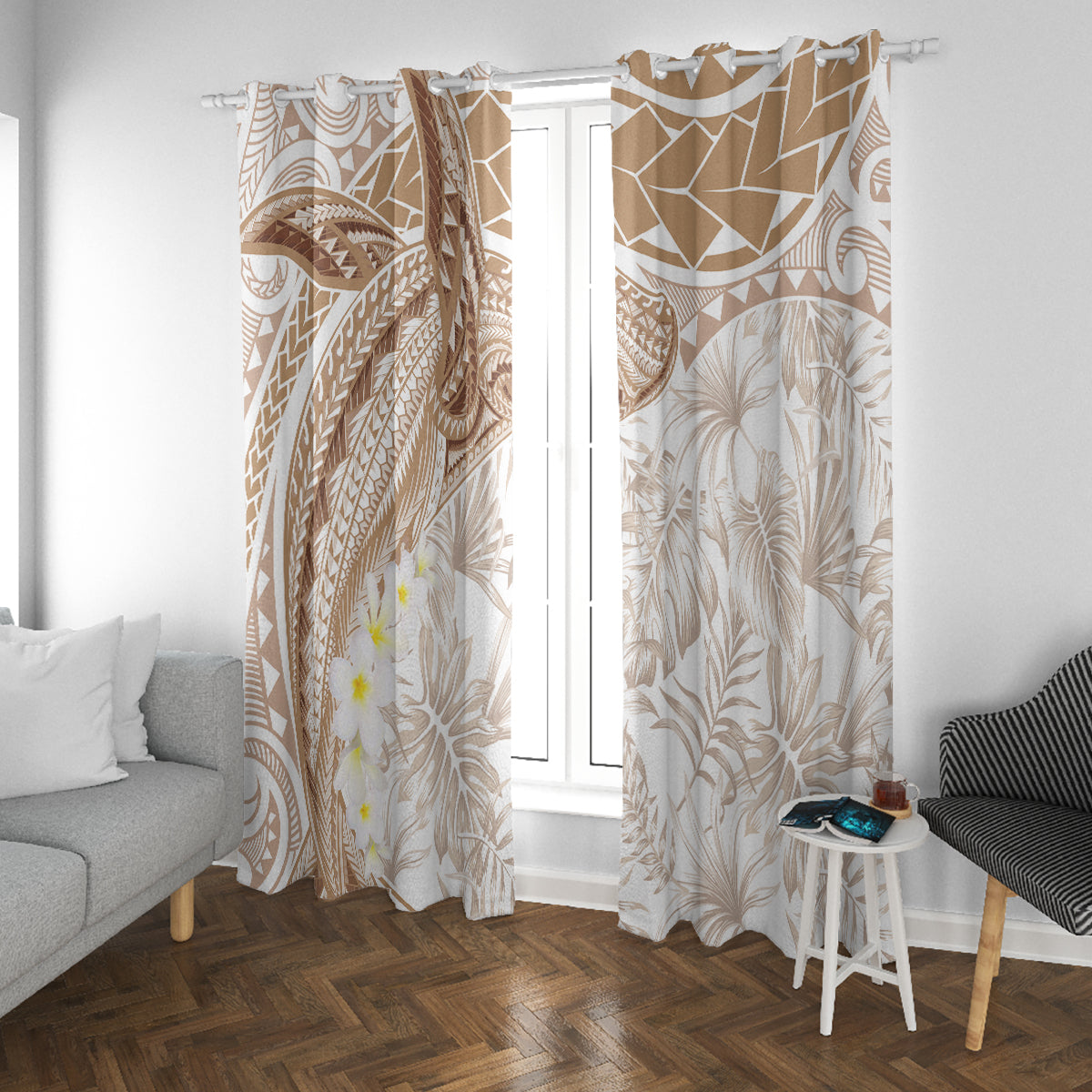 Polynesia Humpback Whale Window Curtain Tropical Plumeria Beige LT7 With Grommets Beige - Polynesian Pride