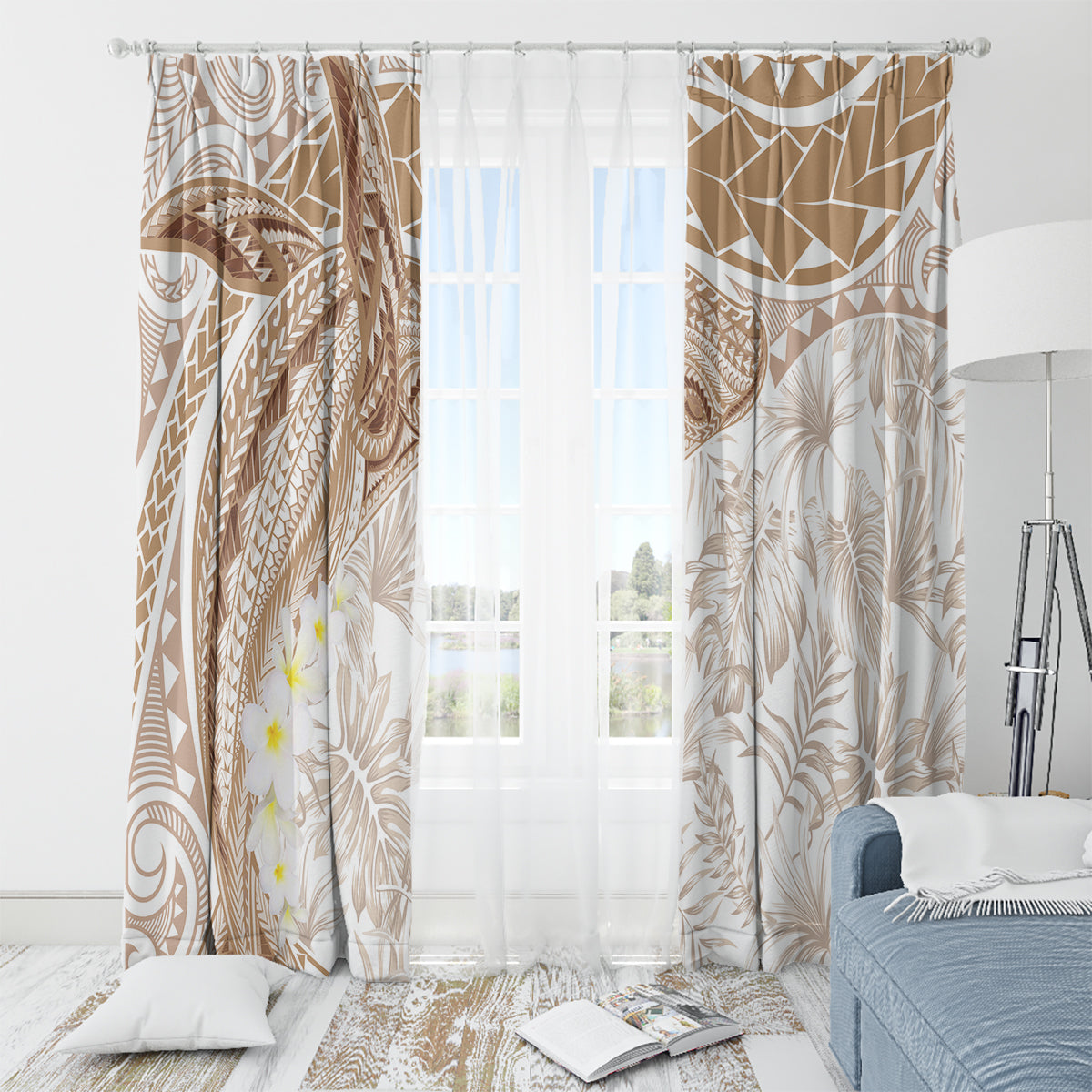 Polynesia Humpback Whale Window Curtain Tropical Plumeria Beige LT7 - Polynesian Pride