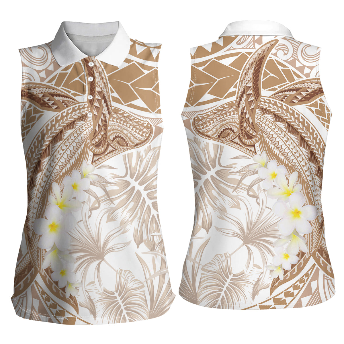 Polynesia Humpback Whale Women Sleeveless Polo Shirt Tropical Plumeria Beige