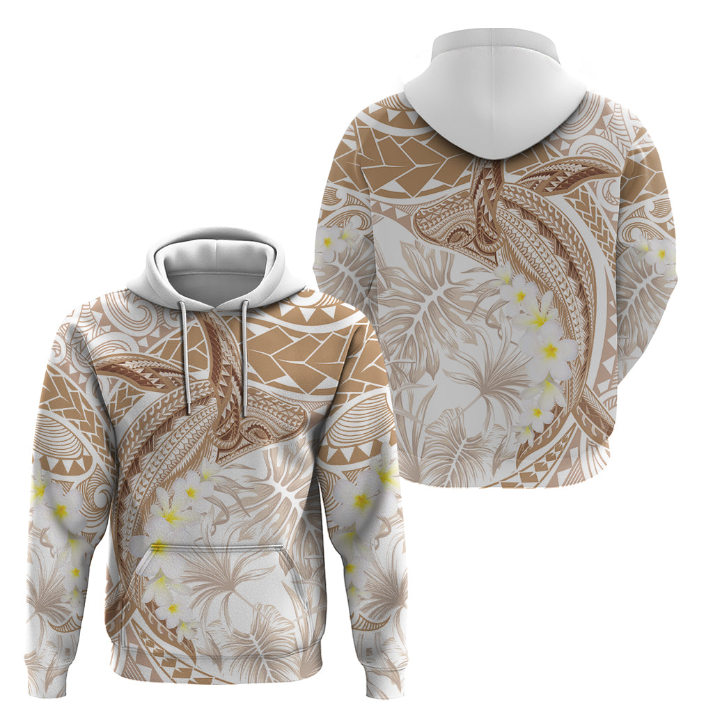 Polynesia Humpback Whale Zip Hoodie Tropical Plumeria Beige