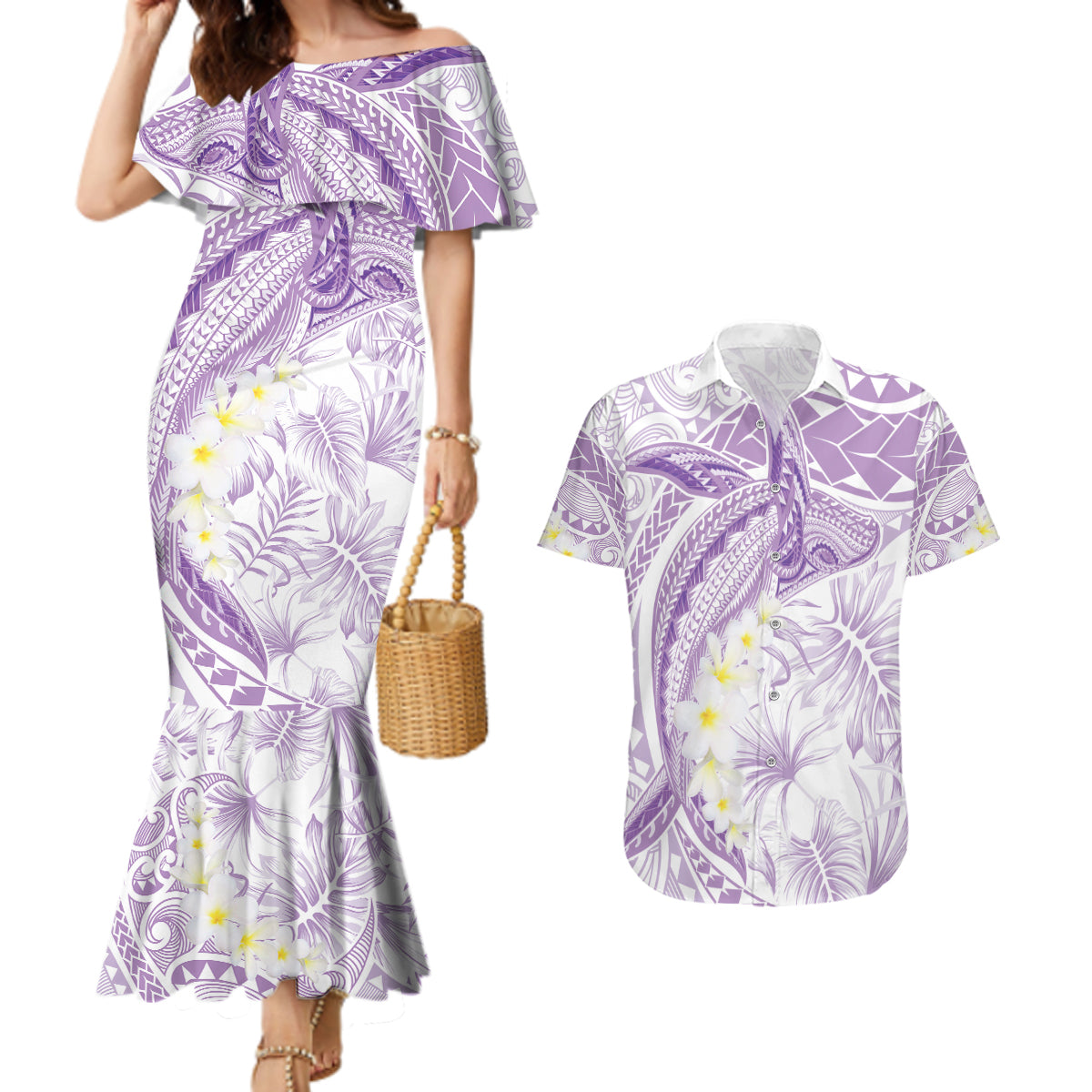 Polynesia Humpback Whale Couples Matching Mermaid Dress and Hawaiian Shirt Tropical Plumeria Lavender