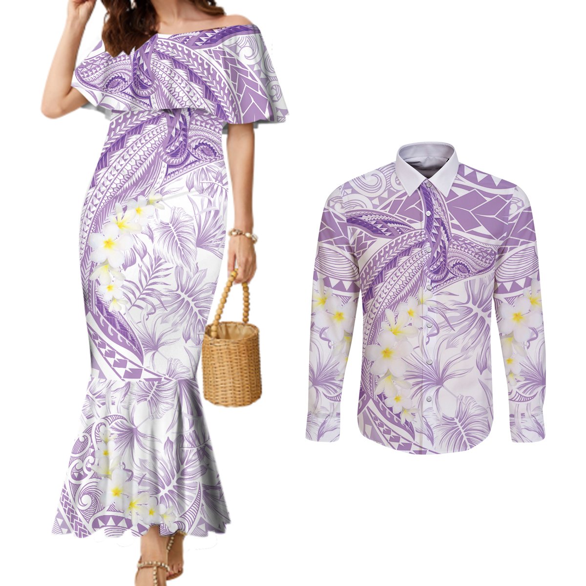 Polynesia Humpback Whale Couples Matching Mermaid Dress and Long Sleeve Button Shirt Tropical Plumeria Lavender LT7 Lavender - Polynesian Pride
