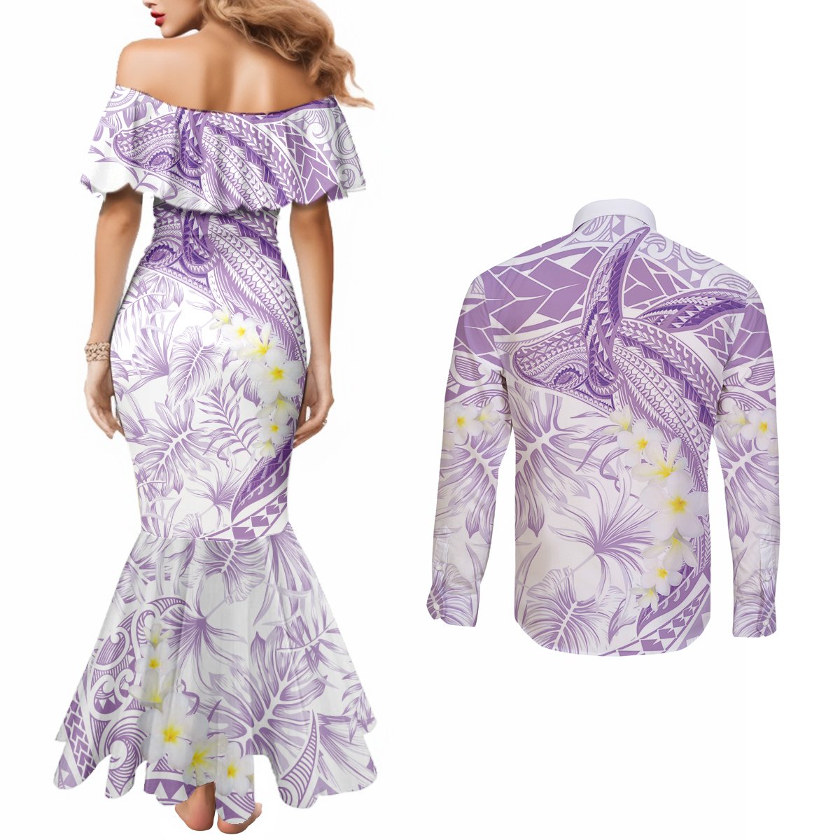 Polynesia Humpback Whale Couples Matching Mermaid Dress and Long Sleeve Button Shirt Tropical Plumeria Lavender LT7 - Polynesian Pride