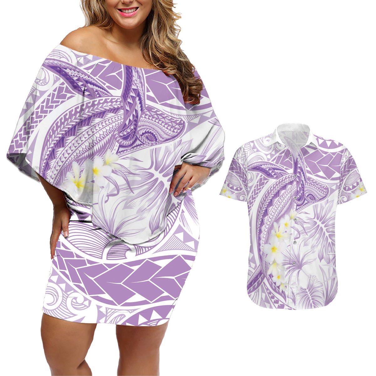 Polynesia Humpback Whale Couples Matching Off Shoulder Short Dress and Hawaiian Shirt Tropical Plumeria Lavender LT7 Lavender - Polynesian Pride