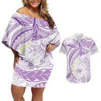 Polynesia Humpback Whale Couples Matching Off Shoulder Short Dress and Hawaiian Shirt Tropical Plumeria Lavender LT7 Lavender - Polynesian Pride