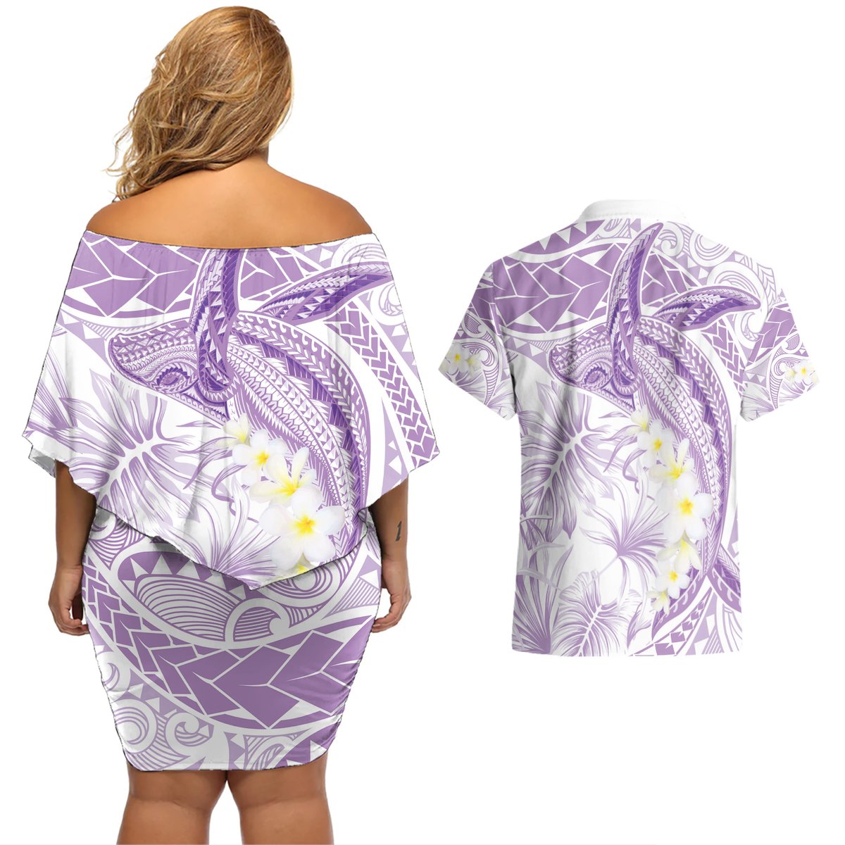 Polynesia Humpback Whale Couples Matching Off Shoulder Short Dress and Hawaiian Shirt Tropical Plumeria Lavender LT7 - Polynesian Pride