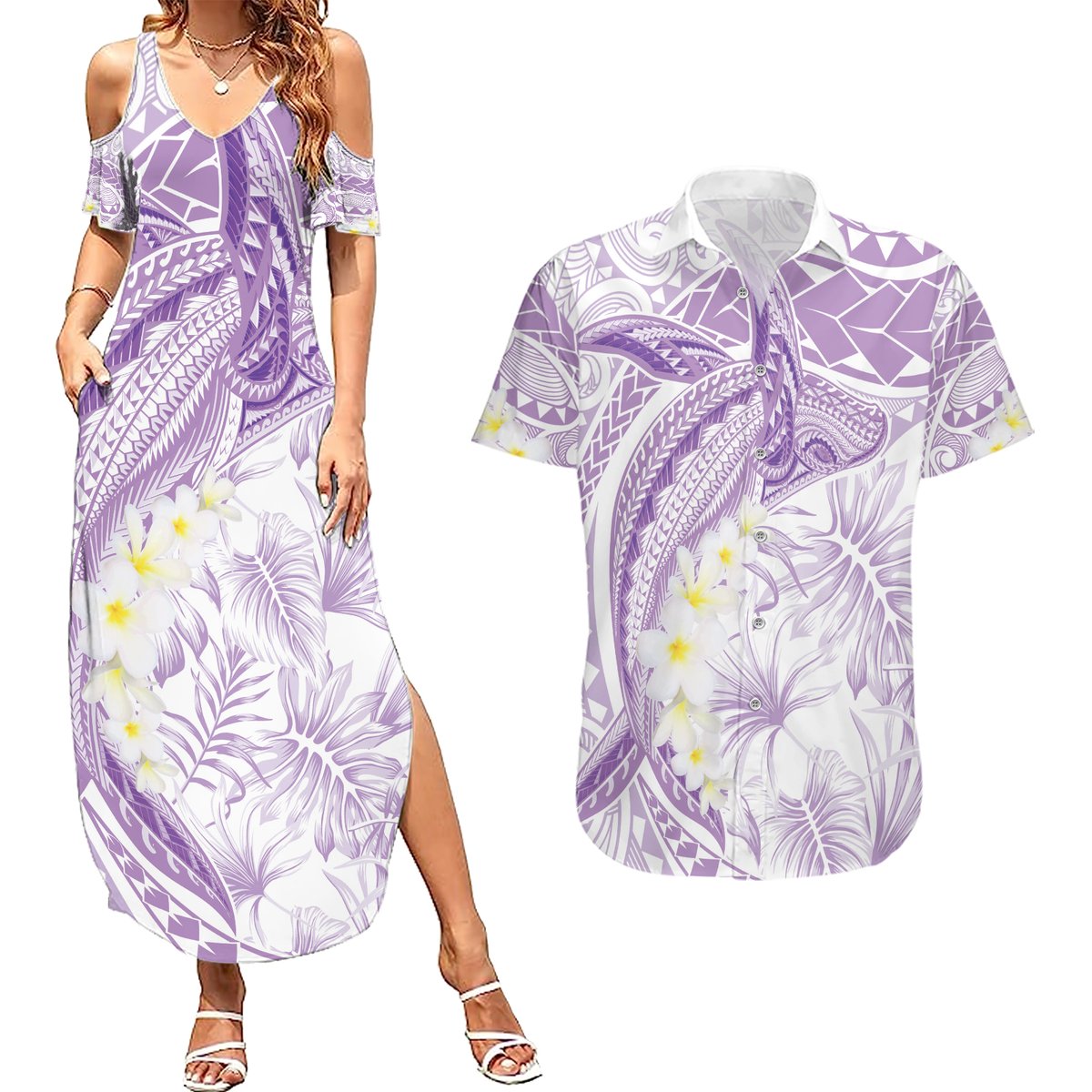 Polynesia Humpback Whale Couples Matching Summer Maxi Dress and Hawaiian Shirt Tropical Plumeria Lavender LT7 Lavender - Polynesian Pride