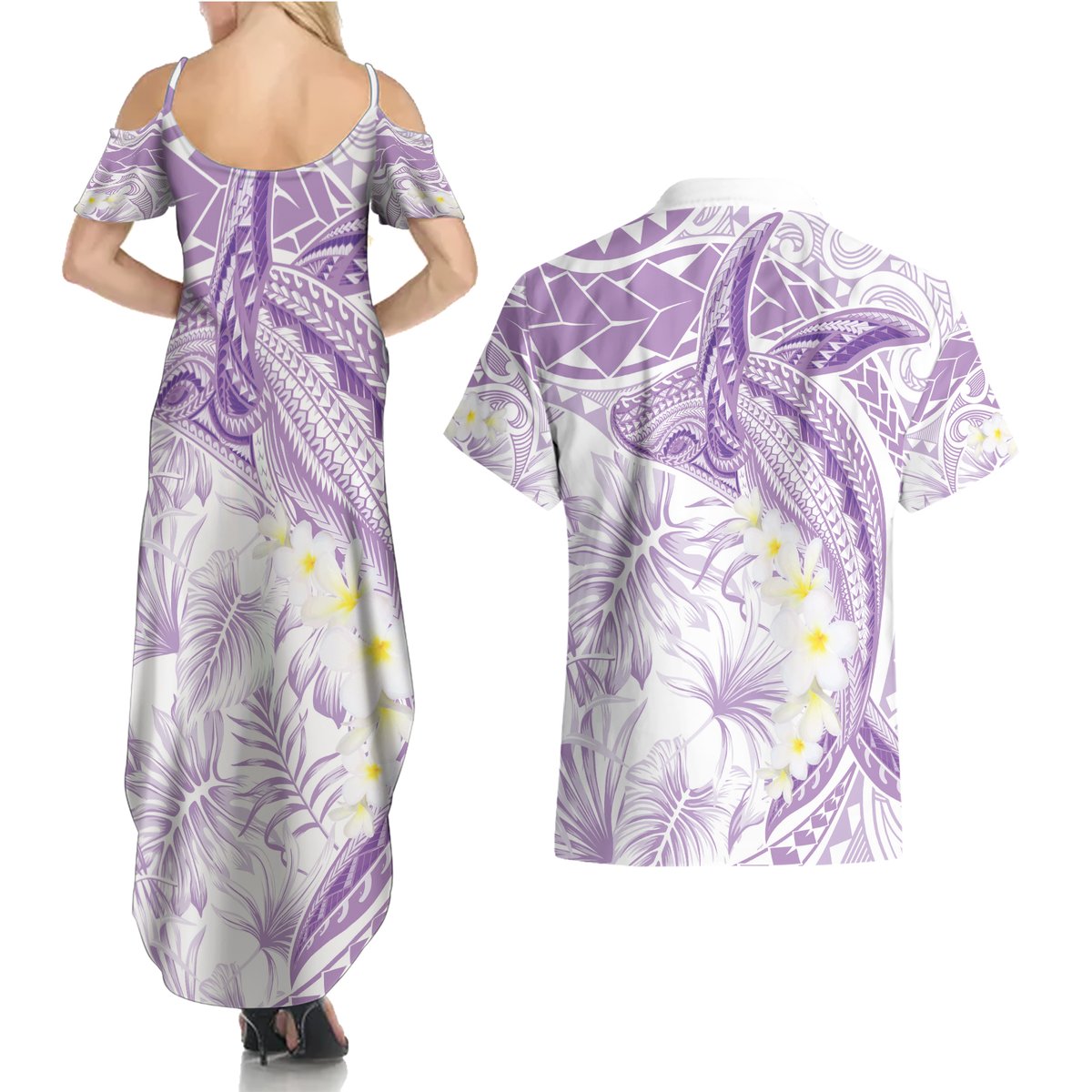 Polynesia Humpback Whale Couples Matching Summer Maxi Dress and Hawaiian Shirt Tropical Plumeria Lavender LT7 - Polynesian Pride