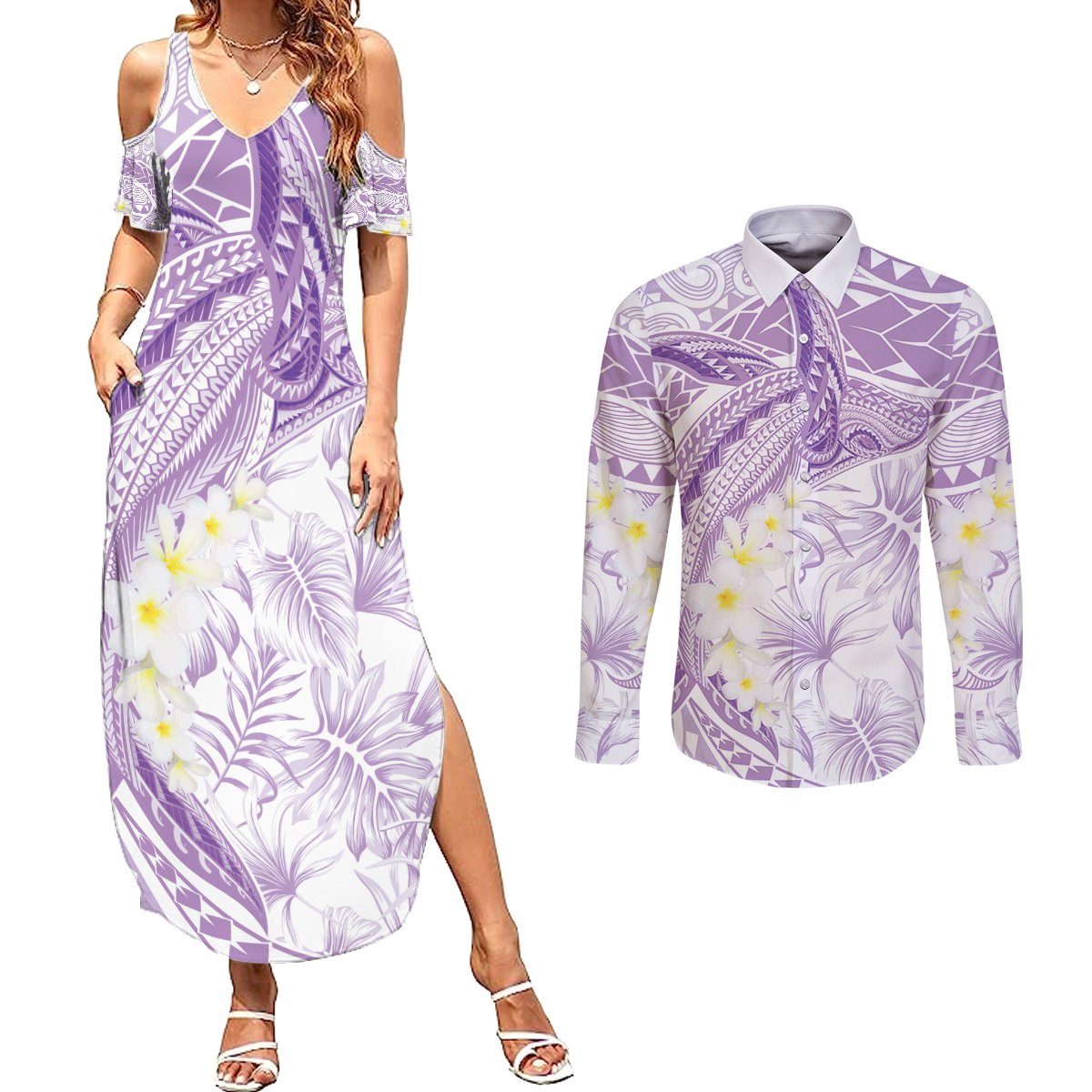 Polynesia Humpback Whale Couples Matching Summer Maxi Dress and Long Sleeve Button Shirt Tropical Plumeria Lavender LT7 Lavender - Polynesian Pride