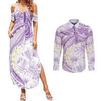 Polynesia Humpback Whale Couples Matching Summer Maxi Dress and Long Sleeve Button Shirt Tropical Plumeria Lavender LT7 Lavender - Polynesian Pride