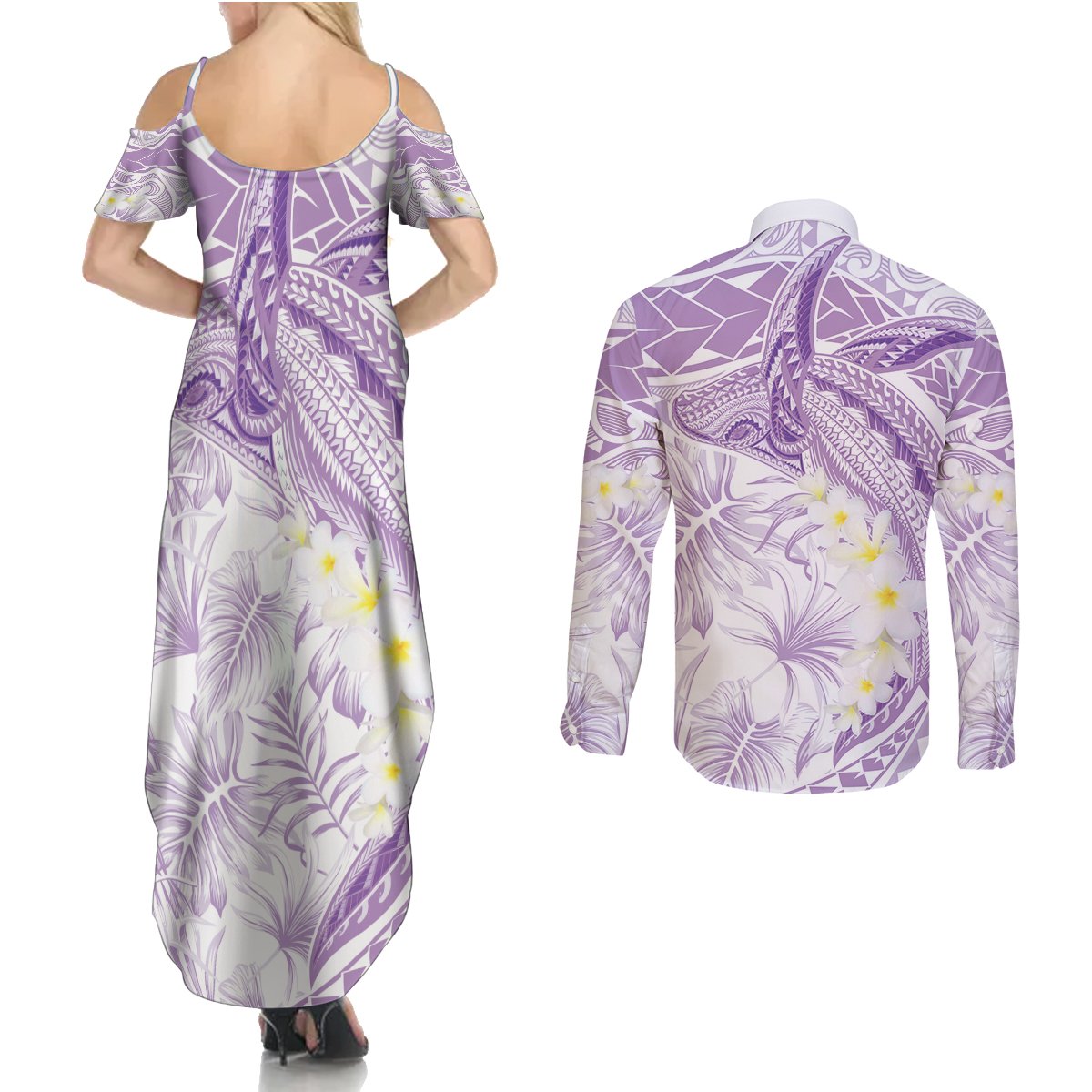Polynesia Humpback Whale Couples Matching Summer Maxi Dress and Long Sleeve Button Shirt Tropical Plumeria Lavender LT7 - Polynesian Pride
