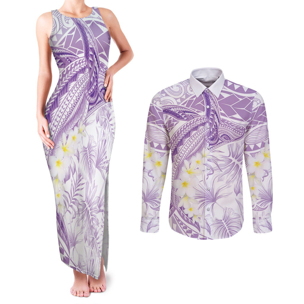 Polynesia Humpback Whale Couples Matching Tank Maxi Dress and Long Sleeve Button Shirt Tropical Plumeria Lavender LT7 Lavender - Polynesian Pride