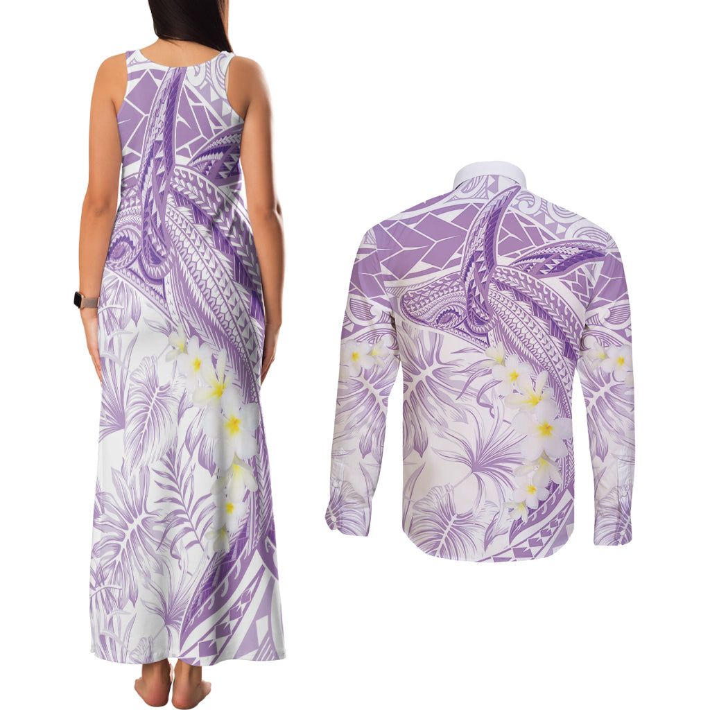 Polynesia Humpback Whale Couples Matching Tank Maxi Dress and Long Sleeve Button Shirt Tropical Plumeria Lavender LT7 - Polynesian Pride