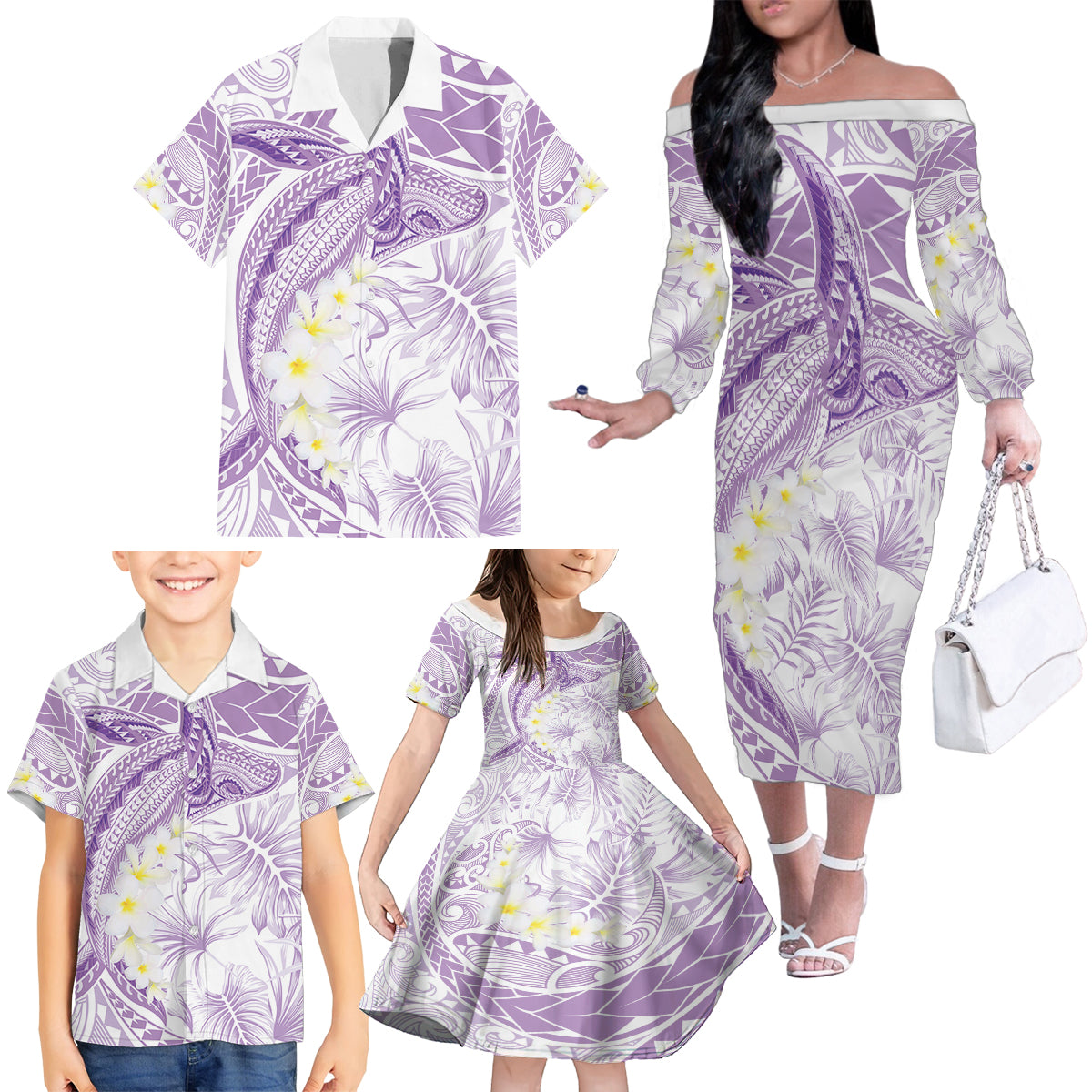 Polynesia Humpback Whale Family Matching Off The Shoulder Long Sleeve Dress and Hawaiian Shirt Tropical Plumeria Lavender