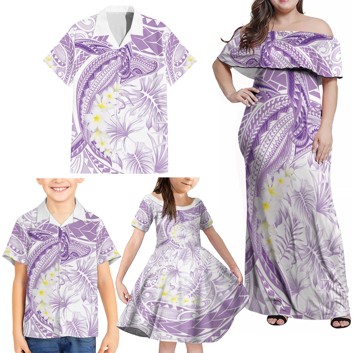 Polynesia Humpback Whale Family Matching Off Shoulder Maxi Dress and Hawaiian Shirt Tropical Plumeria Lavender LT7 - Polynesian Pride