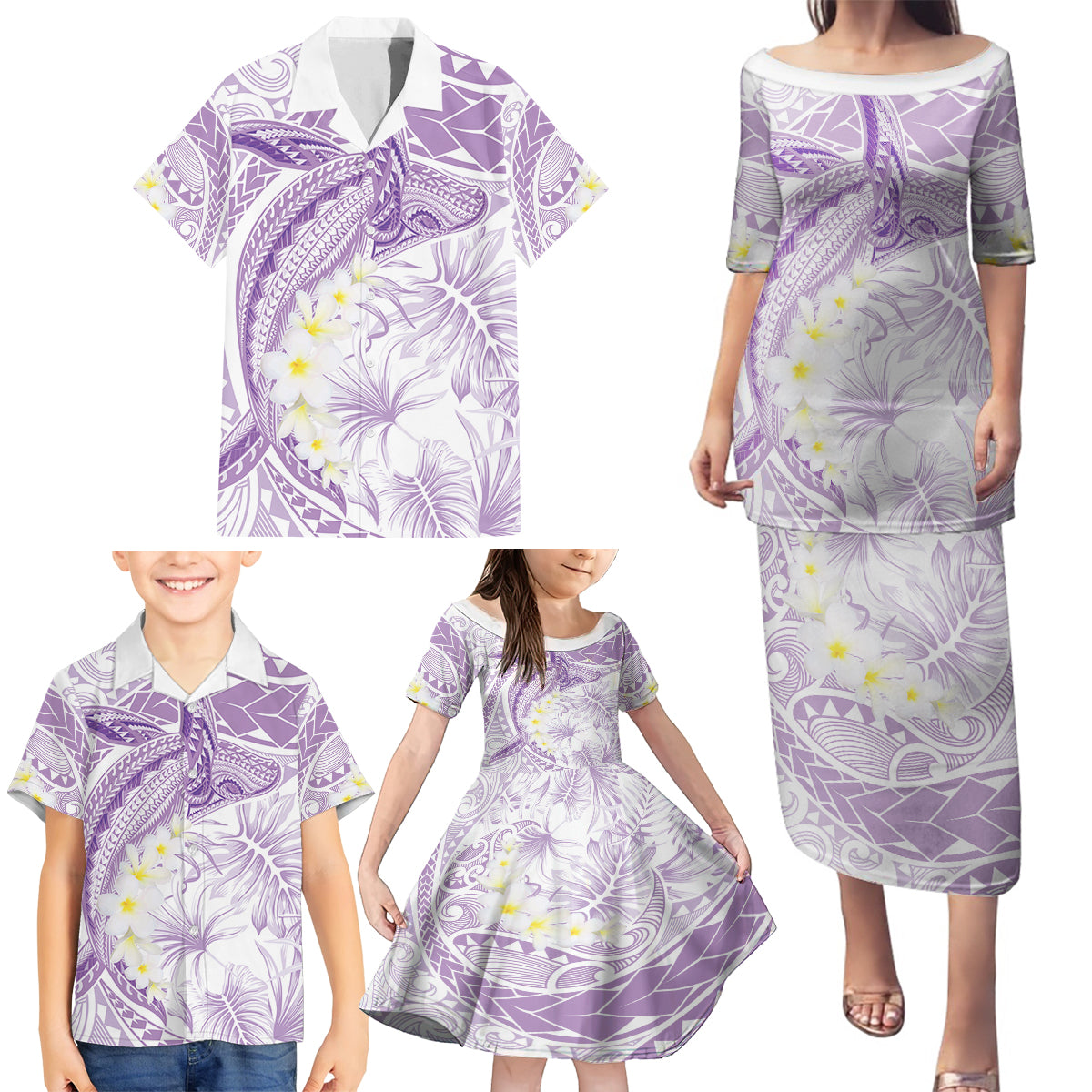 Polynesia Humpback Whale Family Matching Puletasi and Hawaiian Shirt Tropical Plumeria Lavender