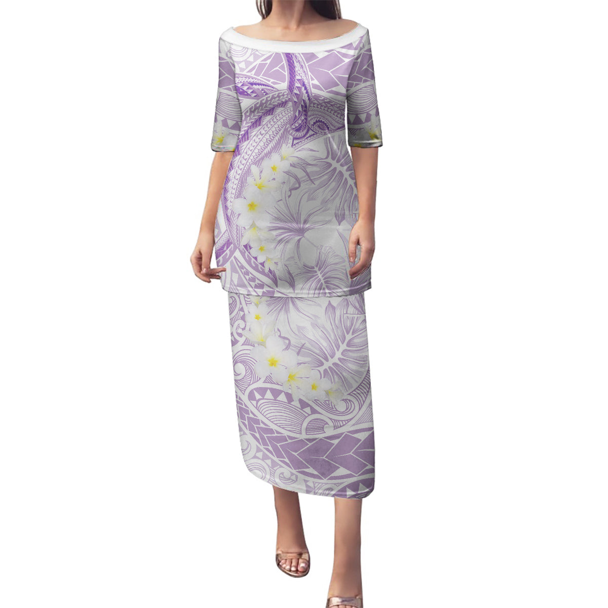 Polynesia Humpback Whale Family Matching Puletasi and Hawaiian Shirt Tropical Plumeria Lavender LT7 Mom's Dress Lavender - Polynesian Pride