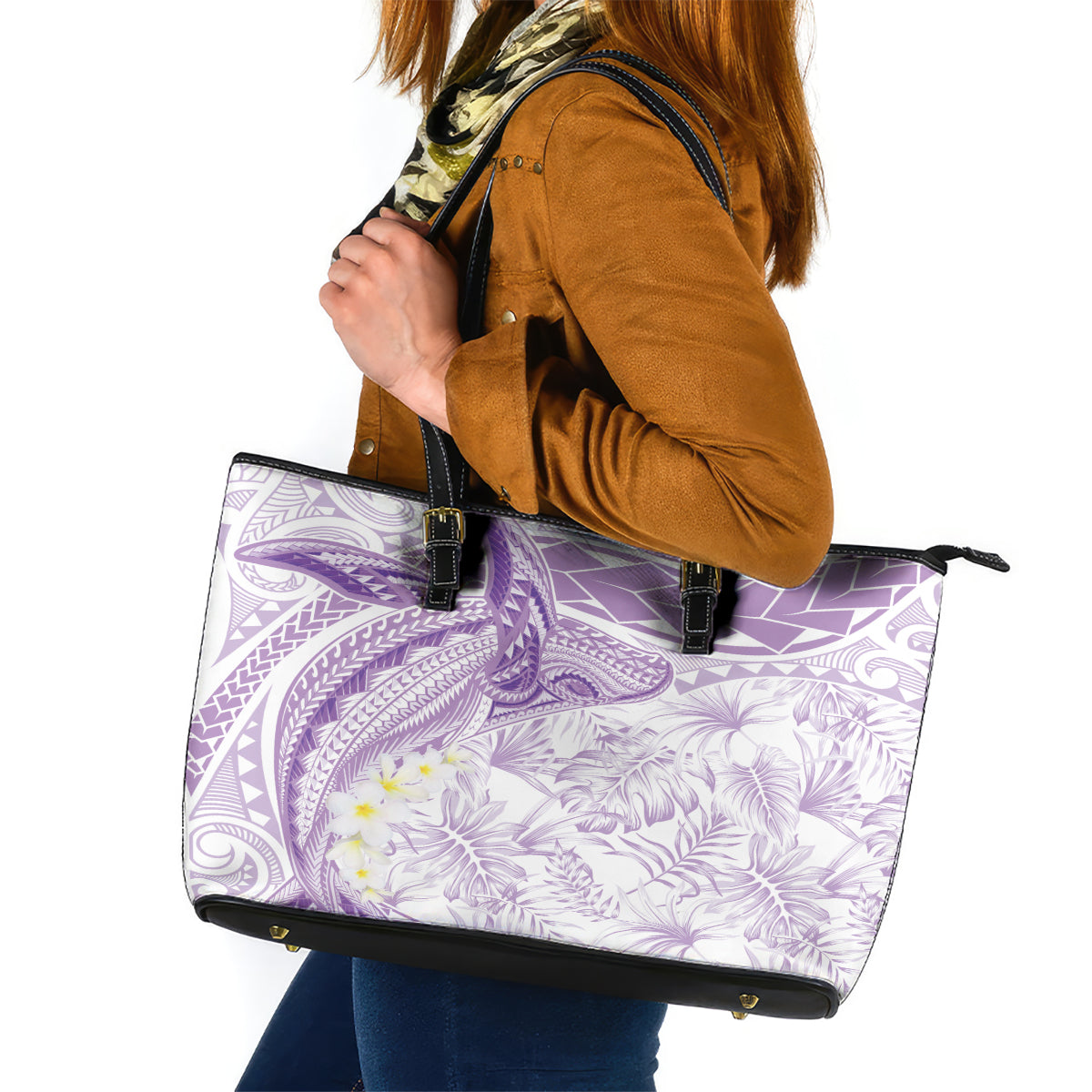 Polynesia Humpback Whale Leather Tote Bag Tropical Plumeria Lavender LT7 Lavender - Polynesian Pride