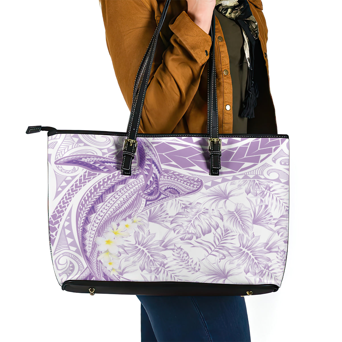 Polynesia Humpback Whale Leather Tote Bag Tropical Plumeria Lavender LT7 - Polynesian Pride
