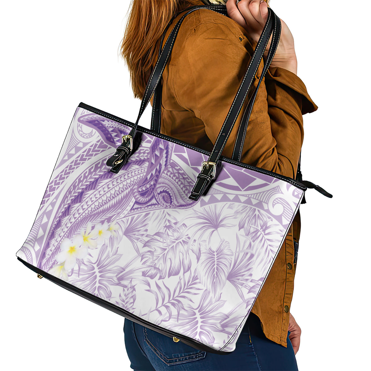 Polynesia Humpback Whale Leather Tote Bag Tropical Plumeria Lavender LT7 - Polynesian Pride