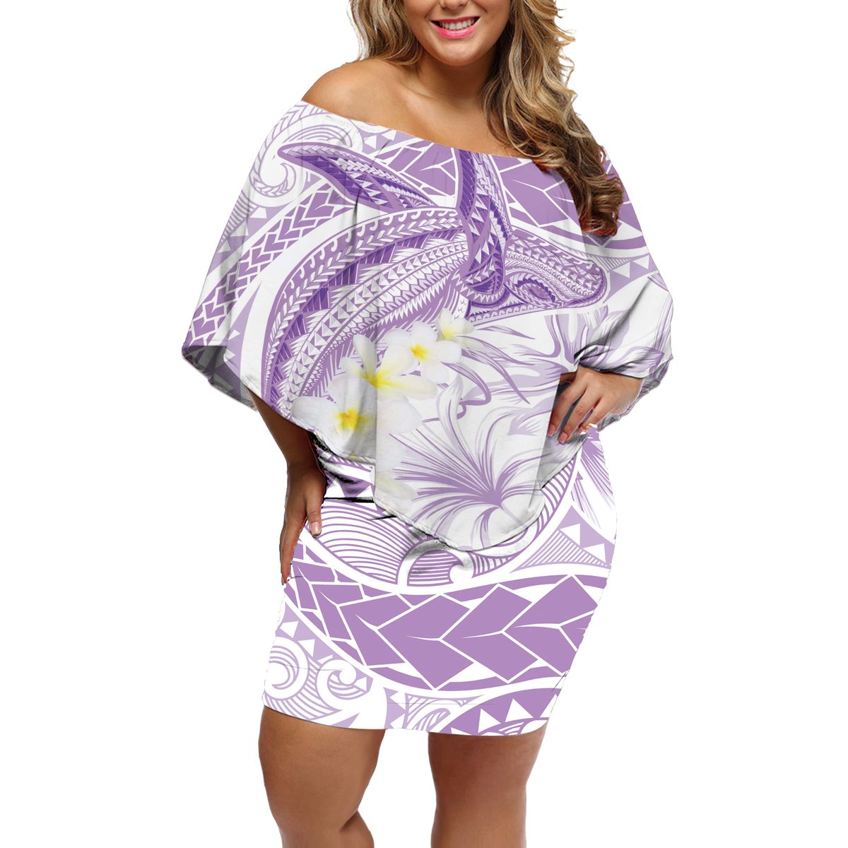 Polynesia Humpback Whale Off Shoulder Short Dress Tropical Plumeria Lavender LT7 Women Lavender - Polynesian Pride