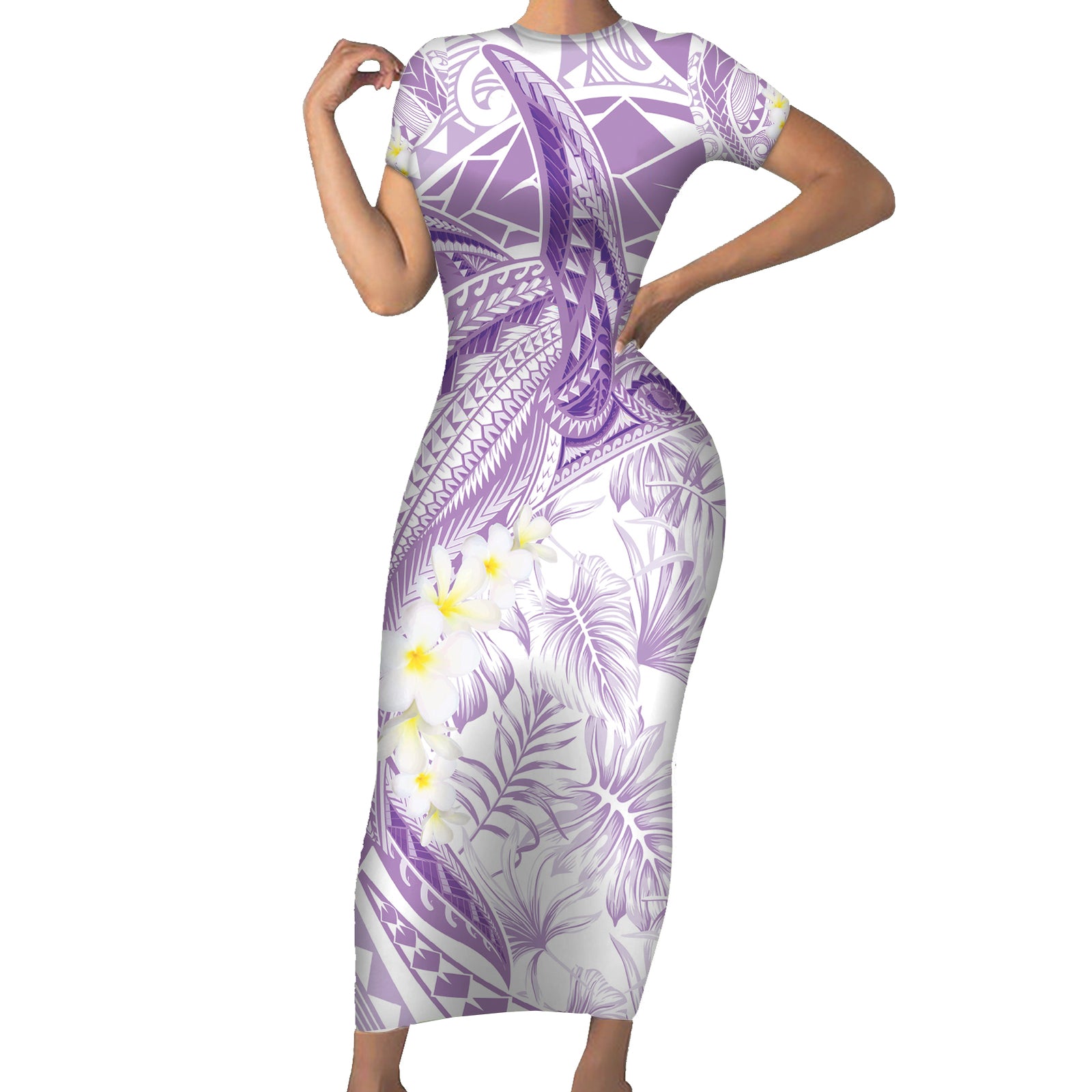 Polynesia Humpback Whale Short Sleeve Bodycon Dress Tropical Plumeria Lavender