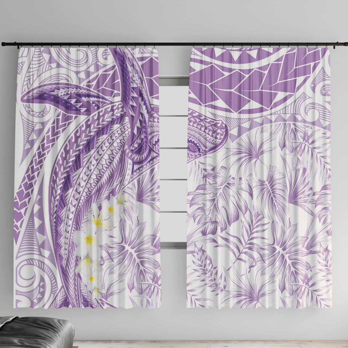 Polynesia Humpback Whale Window Curtain Tropical Plumeria Lavender