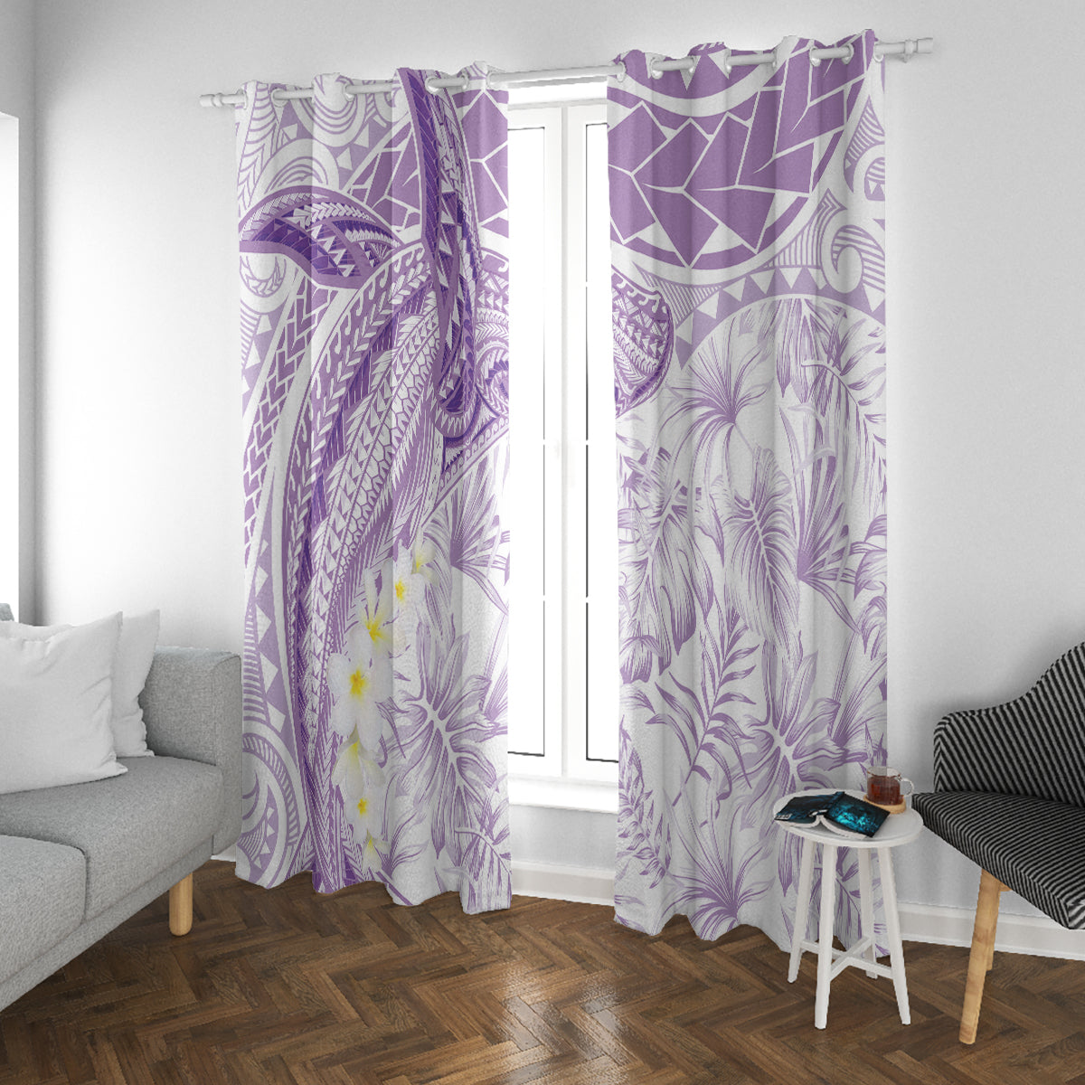 Polynesia Humpback Whale Window Curtain Tropical Plumeria Lavender LT7 With Grommets Lavender - Polynesian Pride
