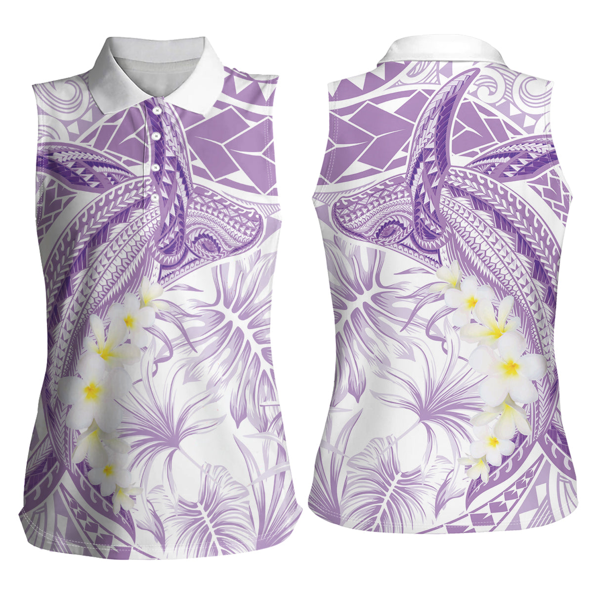 Polynesia Humpback Whale Women Sleeveless Polo Shirt Tropical Plumeria Lavender