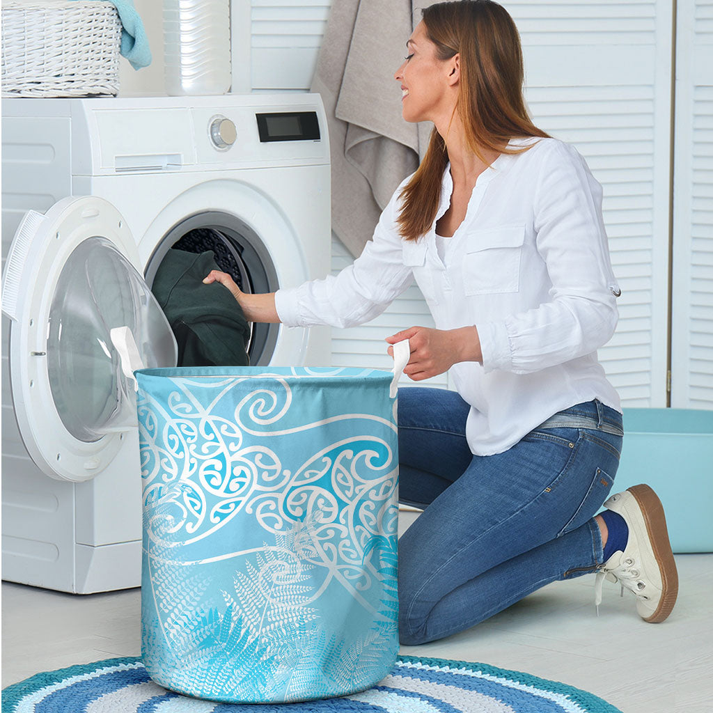 Aotearoa Maori Koru Curves Laundry Basket Silver Ferns - Turquoise LT7 - Polynesian Pride