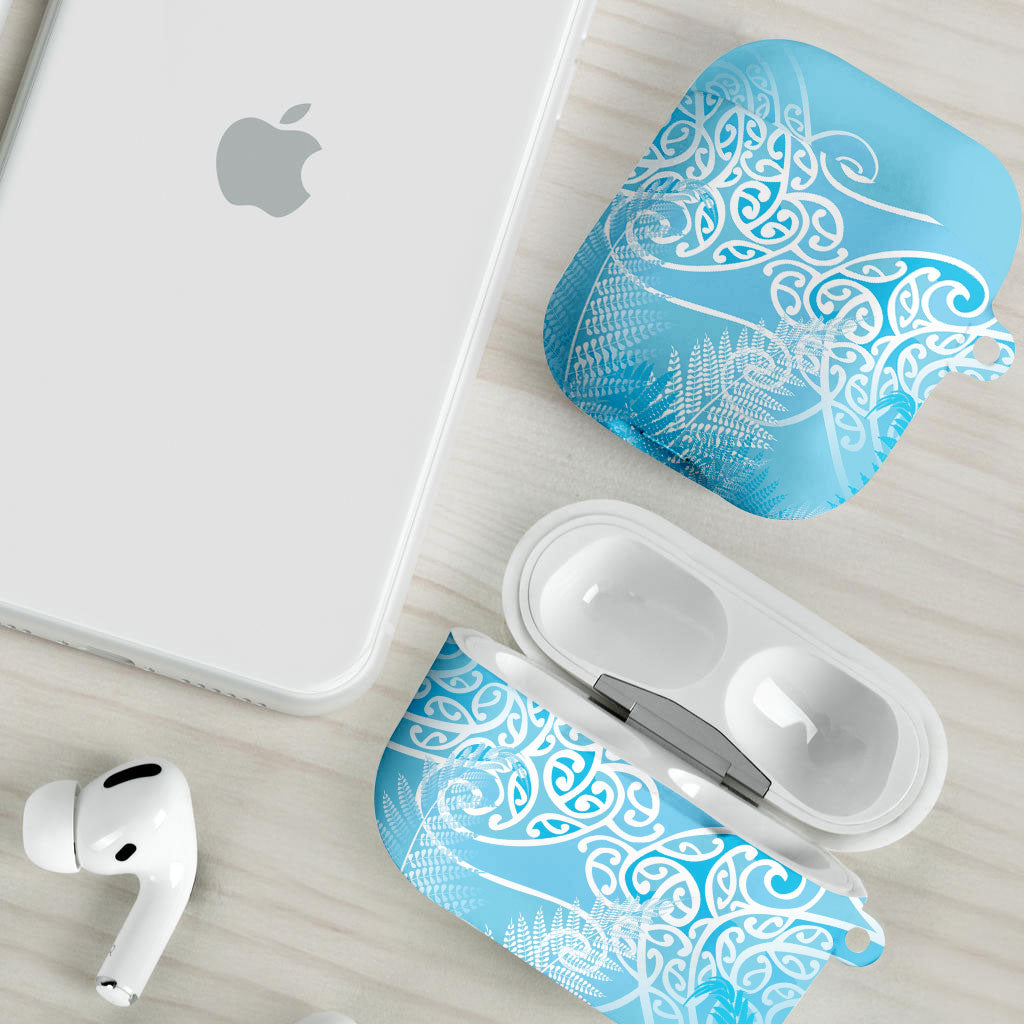 Aotearoa Maori Koru Curves AirPods Case Silver Ferns - Turquoise LT7 - Polynesian Pride