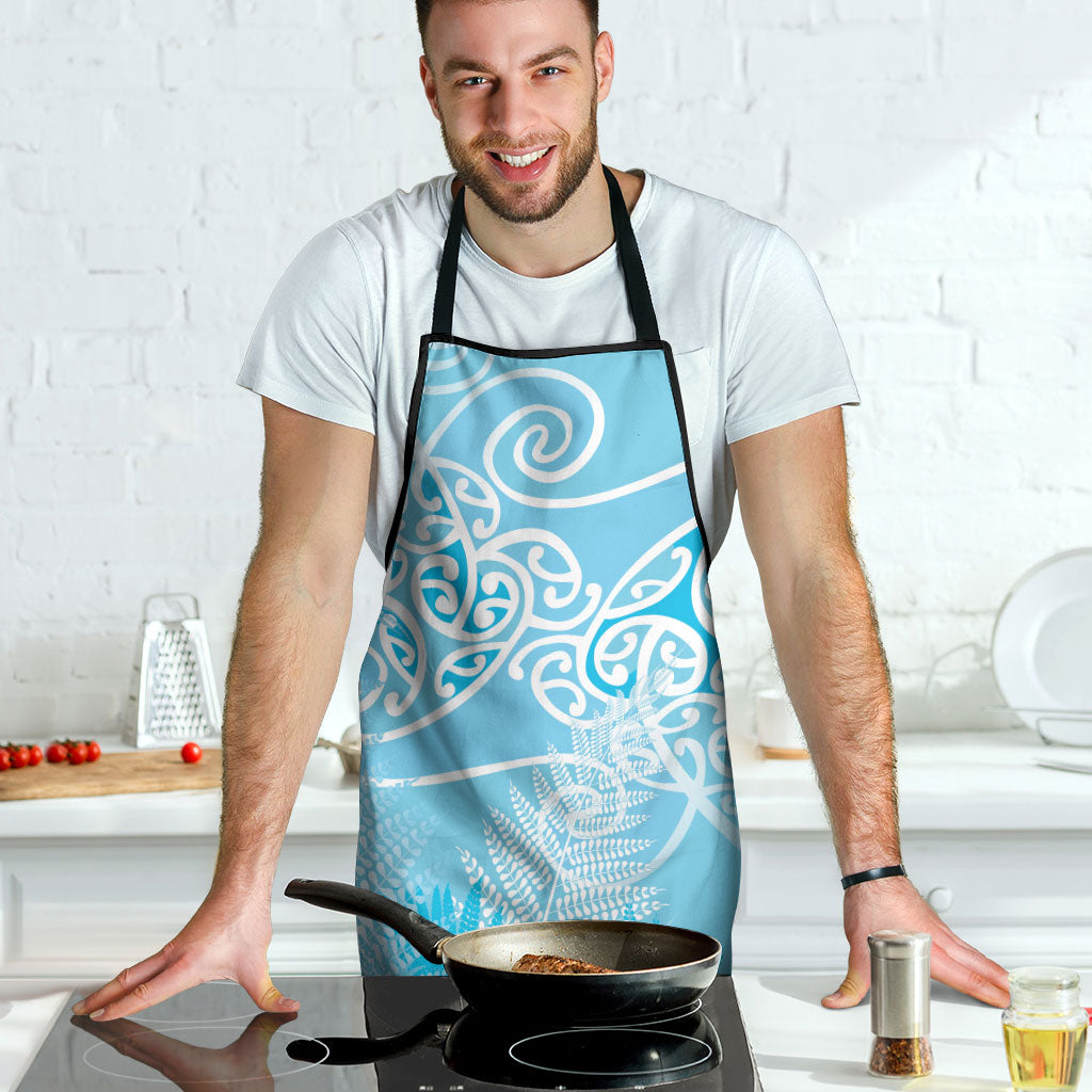 Aotearoa Maori Koru Curves Apron Silver Ferns - Turquoise LT7 - Polynesian Pride