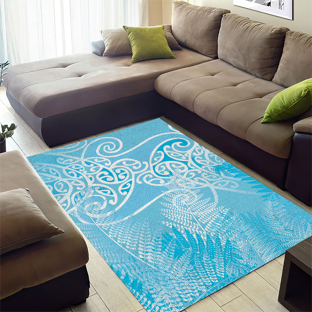 Aotearoa Maori Koru Curves Area Rug Silver Ferns - Turquoise