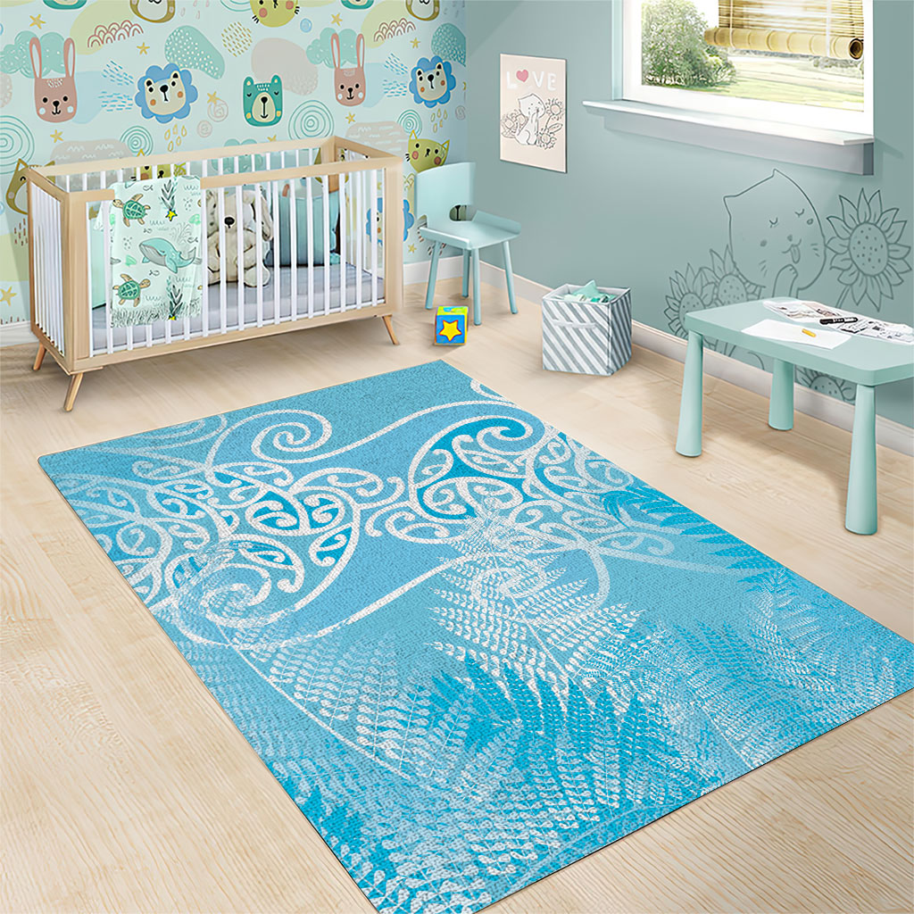 Aotearoa Maori Koru Curves Area Rug Silver Ferns - Turquoise