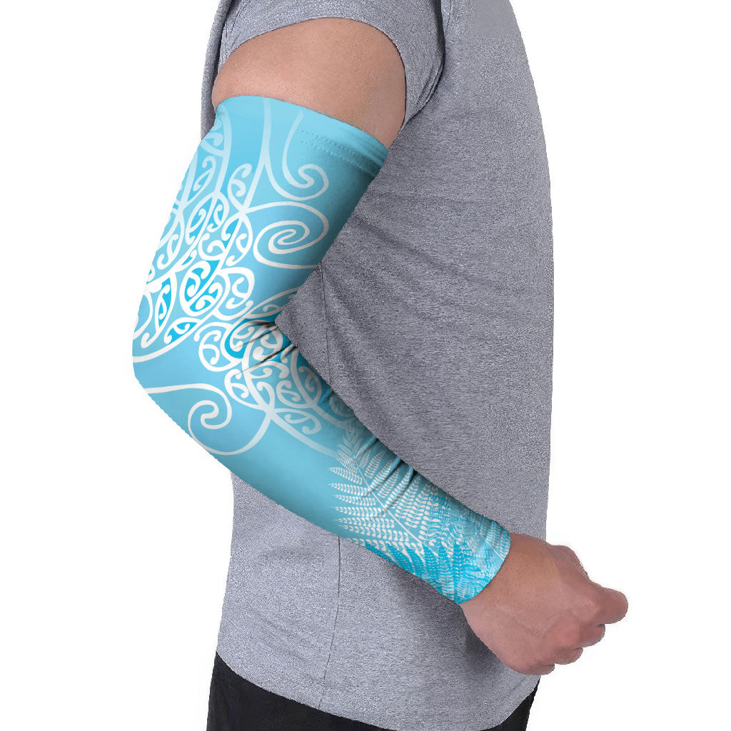 Aotearoa Maori Koru Curves Arm Sleeves Silver Ferns - Turquoise LT7 - Polynesian Pride