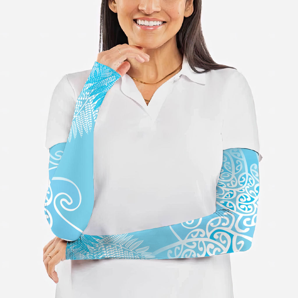 Aotearoa Maori Koru Curves Arm Sleeves Silver Ferns - Turquoise LT7 - Polynesian Pride