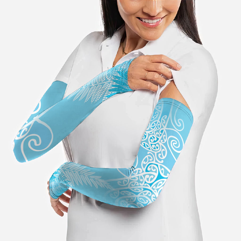 Aotearoa Maori Koru Curves Arm Sleeves Silver Ferns - Turquoise LT7 - Polynesian Pride