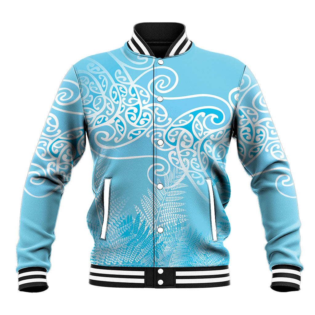 Aotearoa Maori Koru Curves Baseball Jacket Silver Ferns - Turquoise LT7 Unisex Turquoise - Polynesian Pride