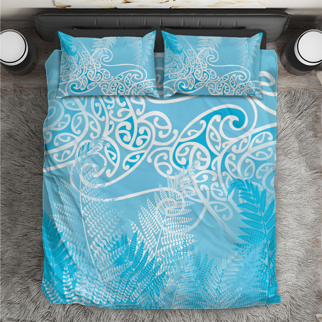 Aotearoa Maori Koru Curves Bedding Set Silver Ferns - Turquoise