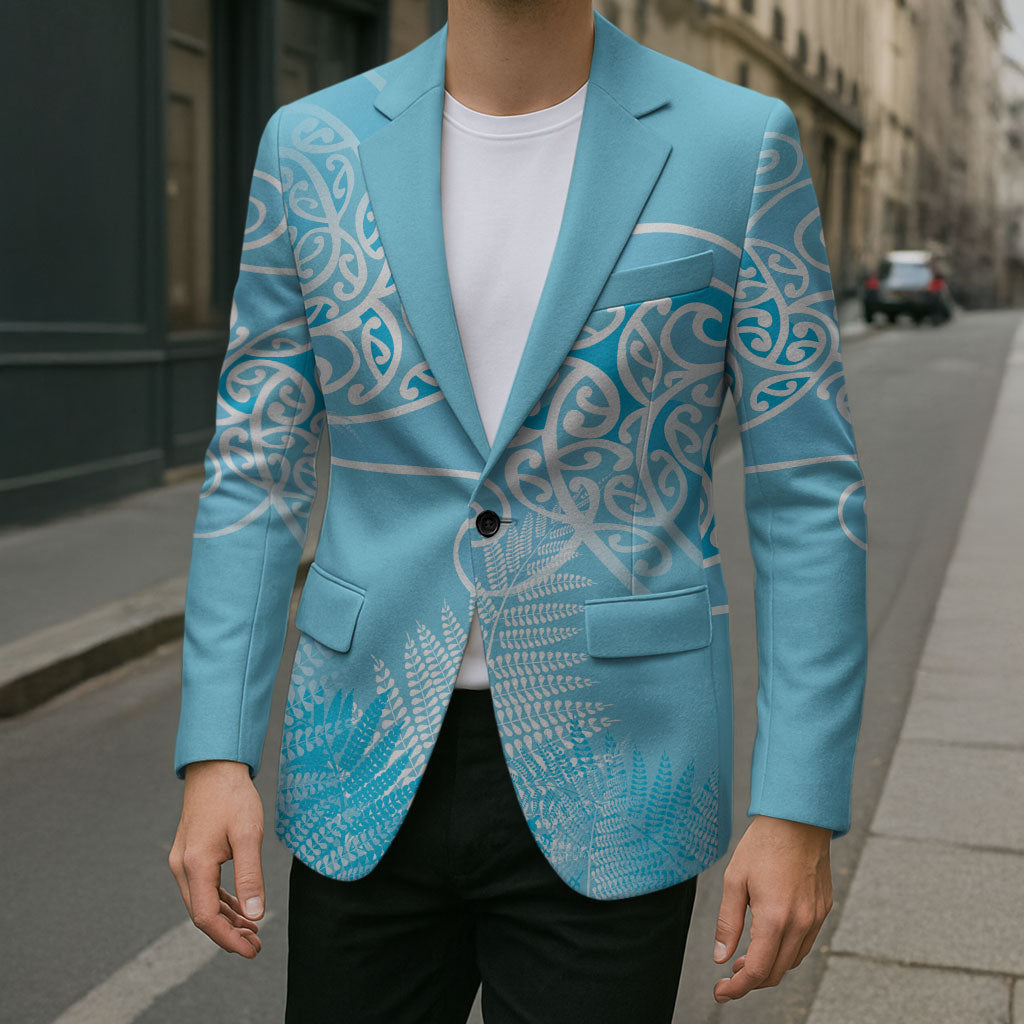 Aotearoa Maori Koru Curves Blazer Silver Ferns - Turquoise LT7 - Polynesian Pride