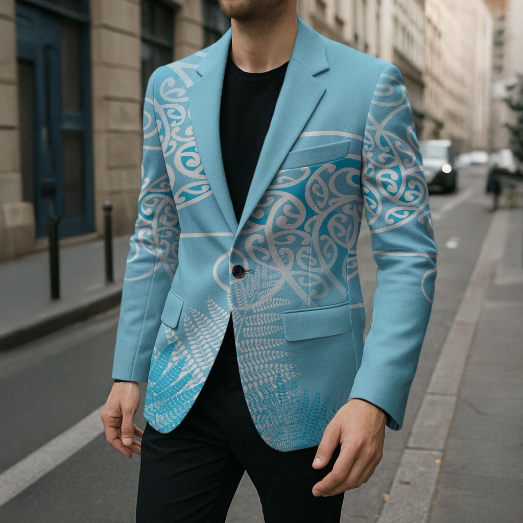 Aotearoa Maori Koru Curves Blazer Silver Ferns - Turquoise LT7 - Polynesian Pride