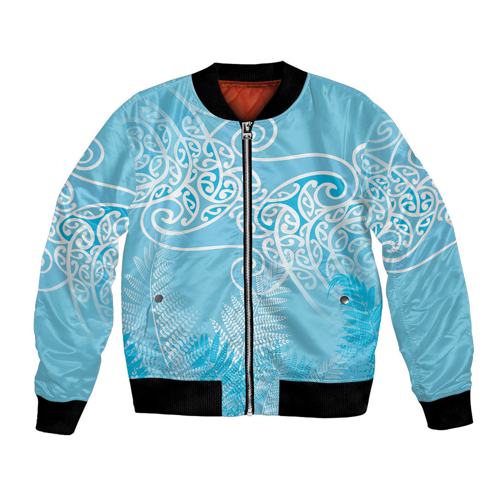 Aotearoa Maori Koru Curves Bomber Jacket Silver Ferns - Turquoise LT7 Unisex Turquoise - Polynesian Pride