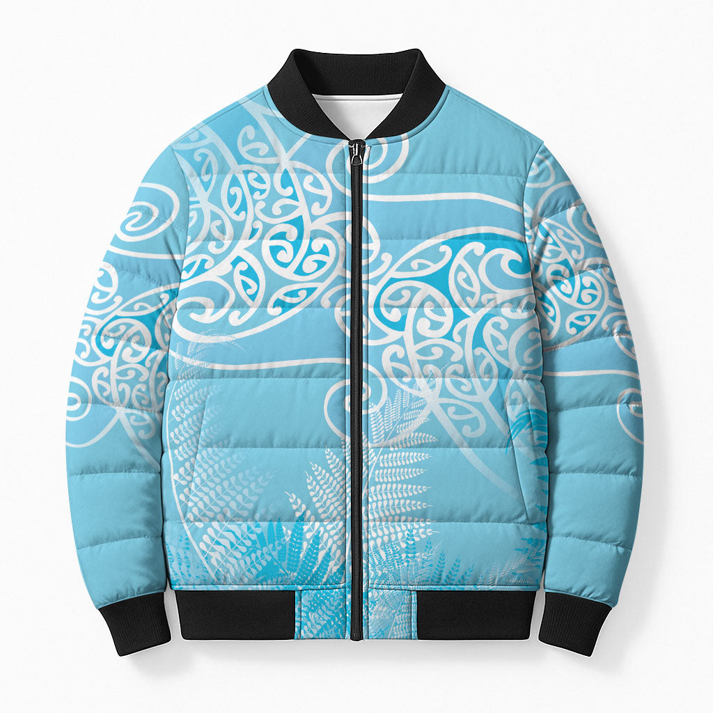 Aotearoa Maori Koru Curves Bomber Puffer Jacket Silver Ferns - Turquoise LT7 Unisex Turquoise - Polynesian Pride