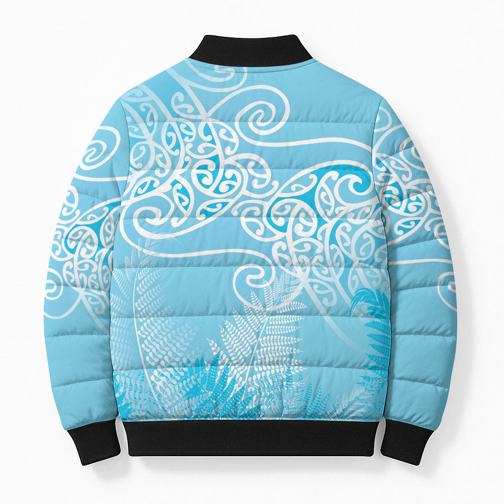 Aotearoa Maori Koru Curves Bomber Puffer Jacket Silver Ferns - Turquoise LT7 - Polynesian Pride