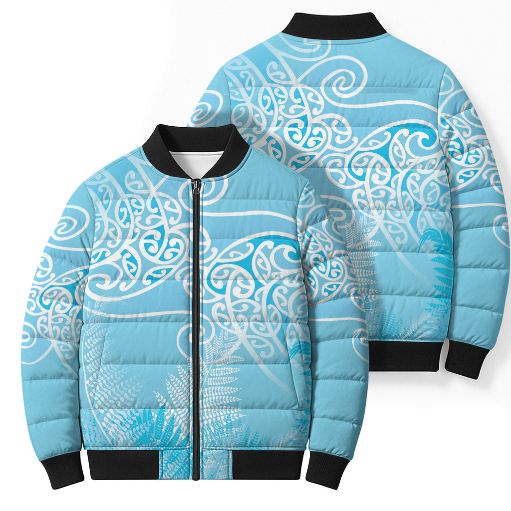 Aotearoa Maori Koru Curves Bomber Puffer Jacket Silver Ferns - Turquoise LT7 - Polynesian Pride