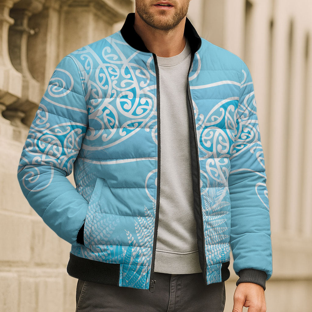 Aotearoa Maori Koru Curves Bomber Puffer Jacket Silver Ferns - Turquoise LT7 - Polynesian Pride