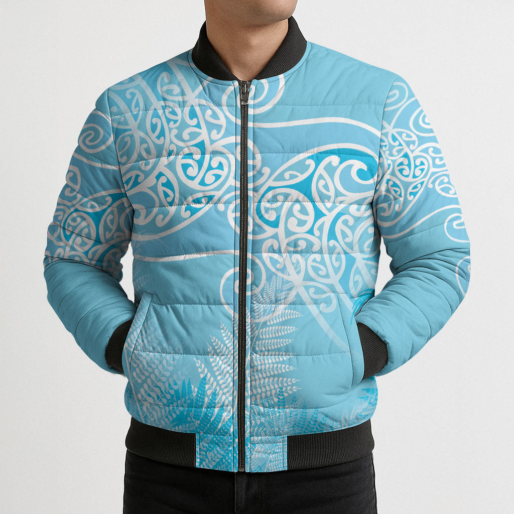 Aotearoa Maori Koru Curves Bomber Puffer Jacket Silver Ferns - Turquoise LT7 - Polynesian Pride