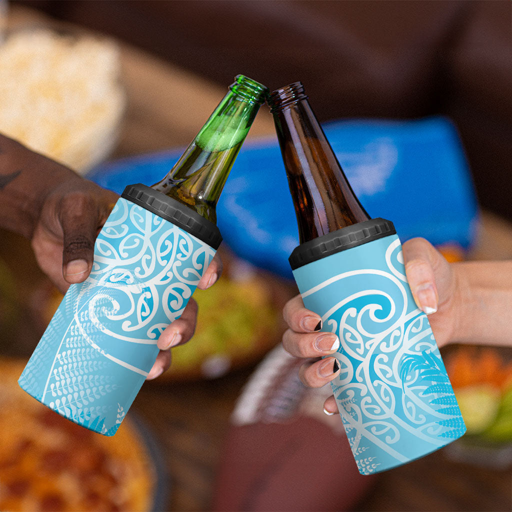Aotearoa Maori Koru Curves 4 in 1 Can Cooler Tumbler Silver Ferns - Turquoise LT7 - Polynesian Pride